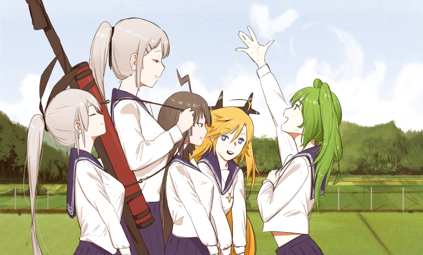 5girls :d ahoge blue_eyes blue_sailor_collar blue_skirt brown_hair closed_eyes girls_frontline green_eyes green_hair grey_hair hair_ornament hairclip half-closed_eyes hand_on_own_chest hand_up heart heart-shaped_cloud highres huqu iws_2000_(girls_frontline) jewelry long_hair long_sleeves multiple_girls necklace open_mouth outdoors pleated_skirt ponytail profile red_eyes sailor_collar school_uniform serafuku shirt skirt smile twintails very_long_hair white_shirt