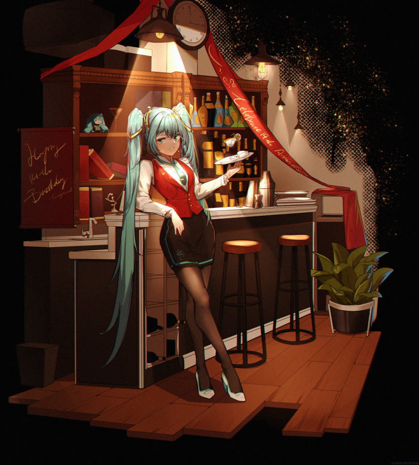 1girl bangs bar bar_stool black_skirt blue_hair blue_neckwear bottle brown_legwear ceiling_light character_doll clock commentary counter cup drinking_glass english_commentary eyebrows_visible_through_hair full_body hair_between_eyes hair_ornament happy_birthday hatsune_miku high_heels highres holding holding_tray indoors long_hair long_sleeves looking_at_viewer necktie pantyhose parted_lips plant potted_plant red_vest rzx0 shirt skirt solo standing stool tray twintails very_long_hair vest vocaloid white_footwear white_shirt wooden_floor