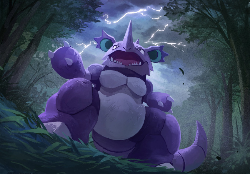 black_eyes claws clouds commentary_request electricity forest from_below gen_1_pokemon grass highres nature nidoking night no_humans open_mouth outdoors pokemon pokemon_(creature) sharp_teeth sky solo teeth tongue tree uninori