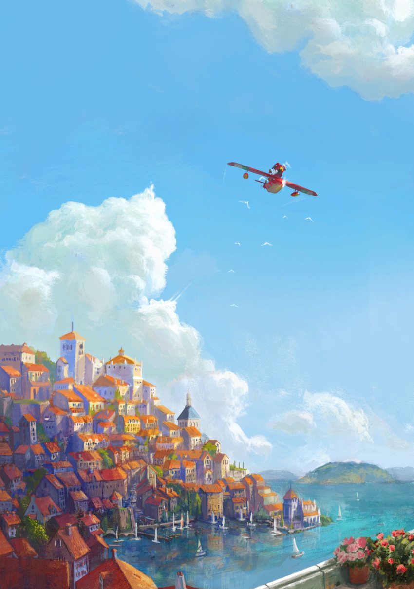 absurdres aircraft airplane bird blue_sky boat city clouds day dock english_commentary flower highres house italy kurenai_no_buta lightface outdoors plant potted_plant sailboat seaplane sky watercraft