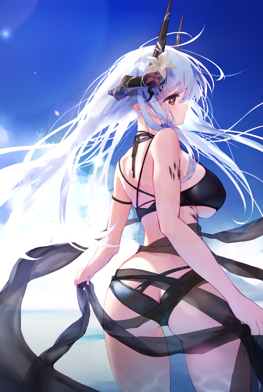 1girl absurdres arknights ass black_sarong blue_sky breasts commentary cowboy_shot demon_horns flower grey_hair hair_flower hair_ornament highres horns large_breasts lens_flare long_hair looking_to_the_side mudrock_(arknights) mudrock_(silent_night)_(arknights) official_alternate_costume oripathy_lesion_(arknights) outdoors pointy_ears red_eyes red_flower sarong sky solo standing tai_(e3d1p) under_boob yellow_flower