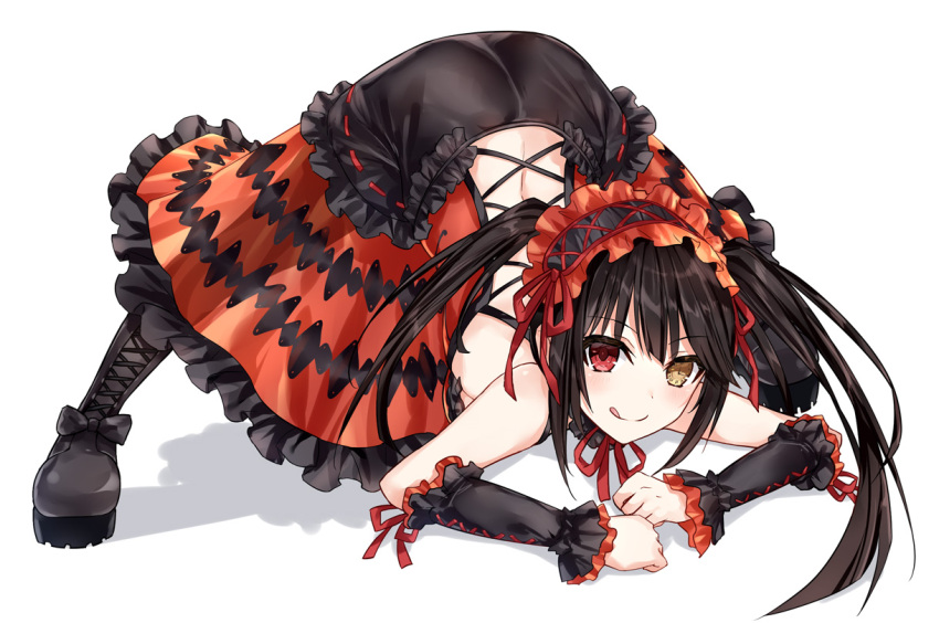 1girl :q asle ass bangs black_bow black_footwear black_hair boots bow brown_eyes closed_mouth commentary_request cross-laced_footwear date_a_live dress eyebrows_visible_through_hair frilled_dress frills full_body hairband heterochromia jack-o'_challenge lace-up_boots lolita_hairband long_hair looking_at_viewer neck_ribbon red_dress red_eyes red_ribbon ribbon shadow smile solo tokisaki_kurumi tongue tongue_out top-down_bottom-up twintails white_background