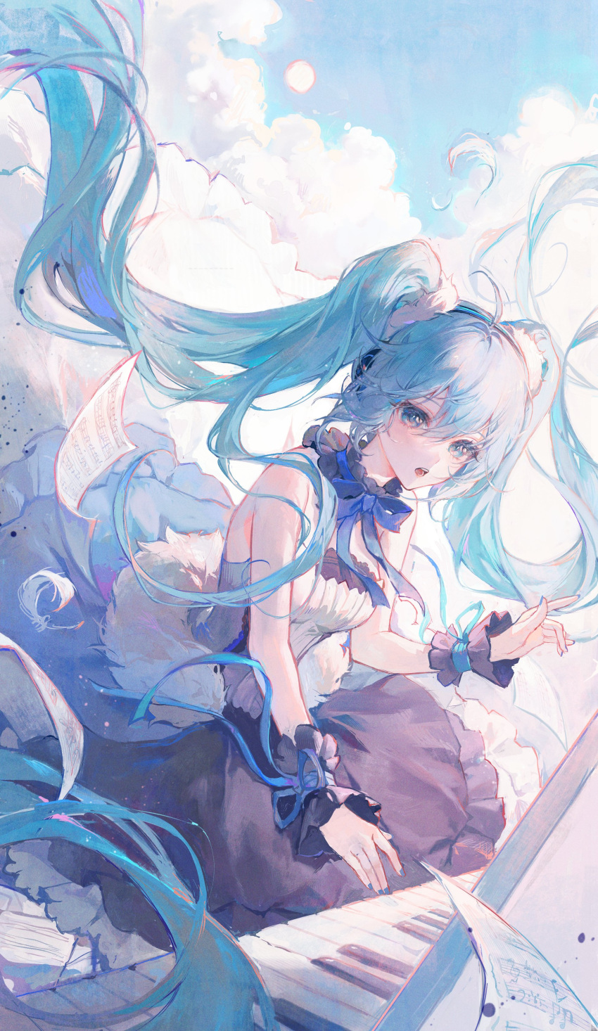 1girl absurdres ahoge aqua_eyes aqua_hair aqua_ribbon bare_shoulders black_dress clouds dress falling_feathers feather_boa feathers hatsune_miku highres instrument long_hair looking_at_viewer nail_polish piano piano_keys ribbon sheet_music shirt sky sleeveless solo twintails vocaloid white_feathers white_shirt wrist_cuffs