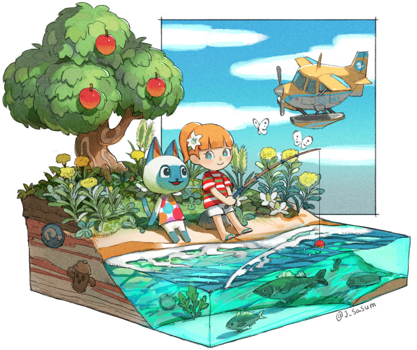 2girls aircraft airplane animal_crossing apple apple_tree aqua_eyes bangs blunt_bangs bright_pupils bug butterfly fish fishing flower food fruit highres leaf mitzi_(animal_crossing) multiple_girls open_mouth orange_hair plant ponytail rock sandals sasumata_jirou shadow shirt short_sleeves shorts sitting smile striped striped_shirt tree villager_(animal_crossing) water white_butterfly white_pupils white_shorts wide_shot yellow_flower