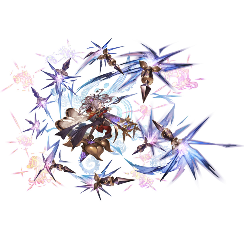 1girl cape clothing_cutout floating_hair full_body gloves granblue_fantasy hair_ornament hair_stick harvin instrument koto_(instrument) long_hair music musical_note navel navel_cutout niyon_(granblue_fantasy) official_art playing_instrument purple_hair solo staff_(music) thigh-highs transparent_background violet_eyes