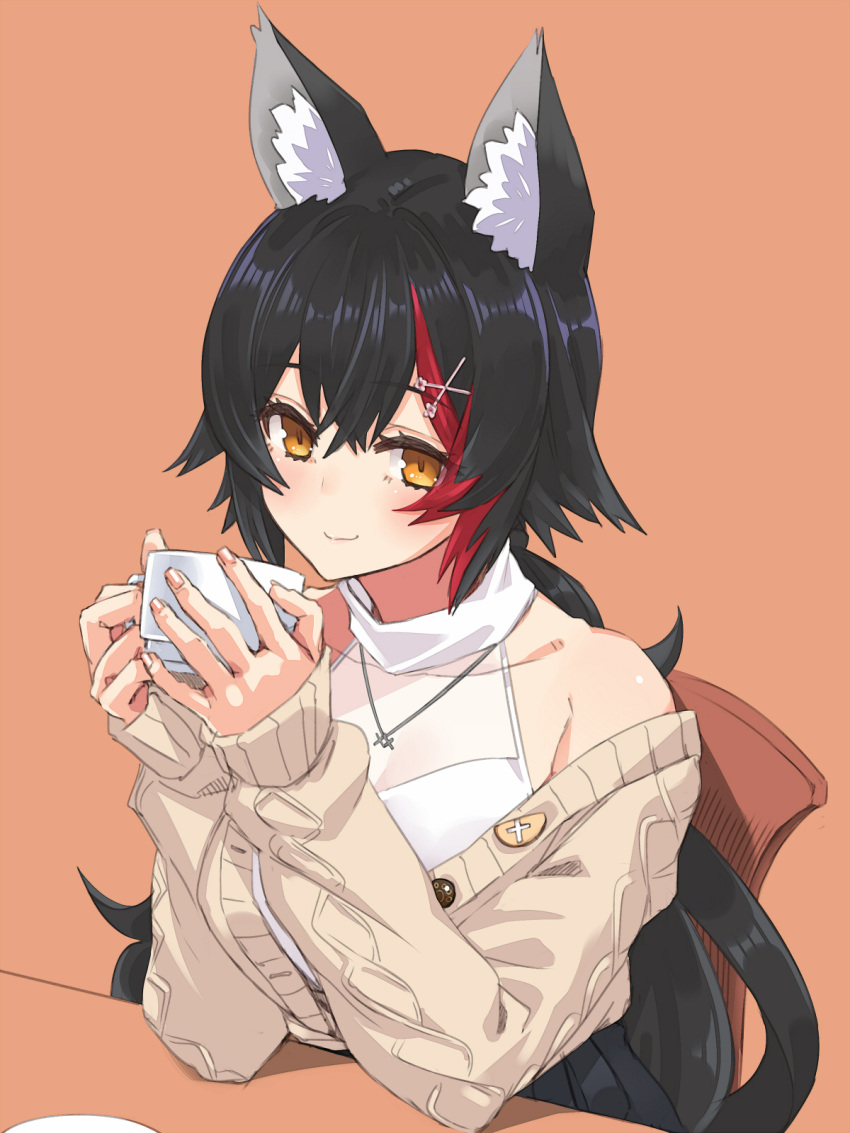 1girl alternate_costume animal_ear_fluff animal_ears bare_shoulders black_hair black_skirt blush brown_sweater cup hair_ornament hairpin halter_top halterneck hayama_kazusa highres holding holding_cup hololive jewelry long_hair long_sleeves looking_at_viewer multicolored_hair necklace official_alternate_costume ookami_mio redhead shirt simple_background skirt sleeveless sleeveless_shirt smile solo streaked_hair sweater unbuttoned virtual_youtuber white_shirt wolf_ears wolf_girl yellow_eyes