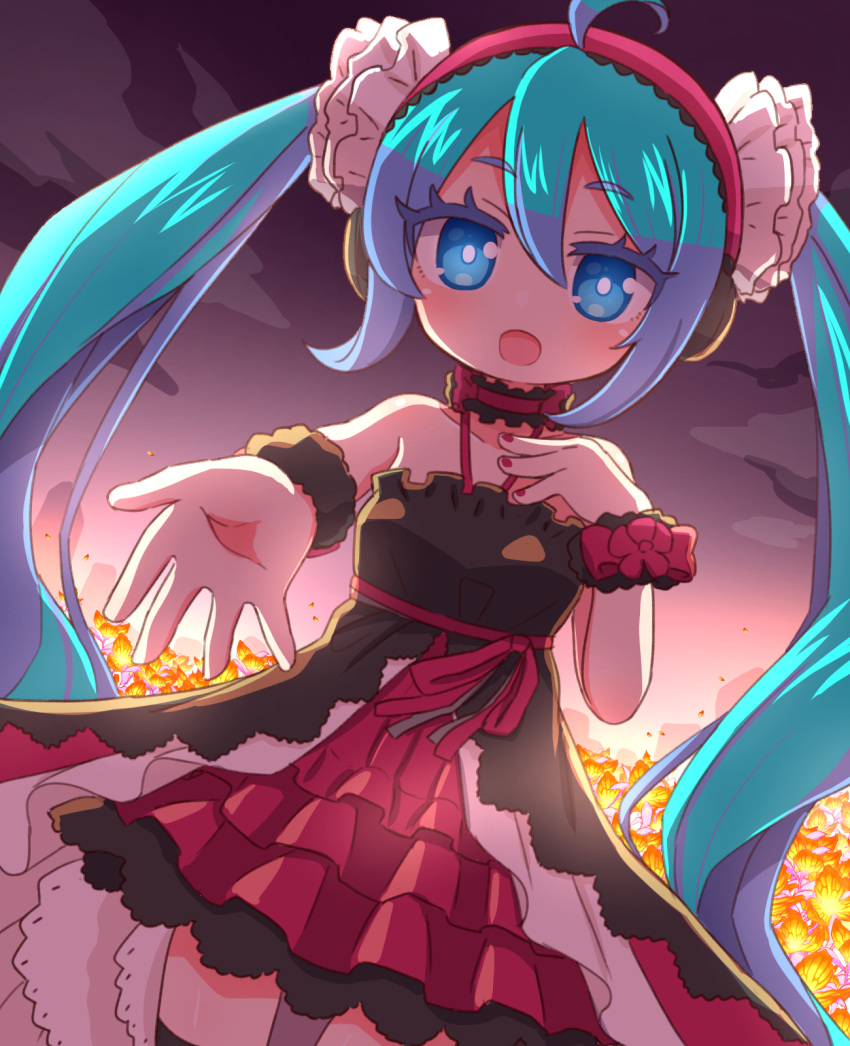 1girl 7th_dragon_(series) 7th_dragon_2020-ii :d ahoge bangs bare_shoulders black_dress blue_eyes blue_hair clouds commentary_request dress eyebrows_visible_through_hair floro_(7th_dragon) flower hair_between_eyes hairband halterneck hand_up hatsune_miku highres layered_dress long_hair naga_u nail_polish open_mouth orange_flower outdoors outstretched_arm pleated_dress red_hairband red_nails sky smile solo twintails very_long_hair vocaloid wrist_cuffs
