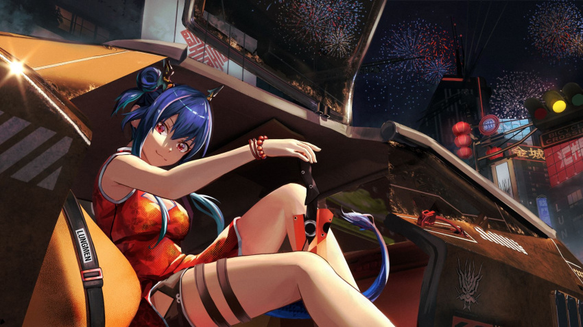 1girl arknights bead_bracelet beads black_shorts blue_hair bracelet breasts building car ch'en_(ageless_afterglow)_(arknights) ch'en_(arknights) china_dress chinese_clothes city closed_mouth commentary dragon_horns dragon_tail dress eason870408 feet_out_of_frame fireworks glint great_lungmen_logo ground_vehicle hair_between_eyes hand_on_hilt highres horns jewelry looking_at_viewer medium_breasts medium_hair motor_vehicle night official_alternate_costume outdoors red_dress red_eyes short_shorts shorts sitting sleeveless sleeveless_dress smile solo sword tail thigh_strap tied_hair traffic_light twintails weapon