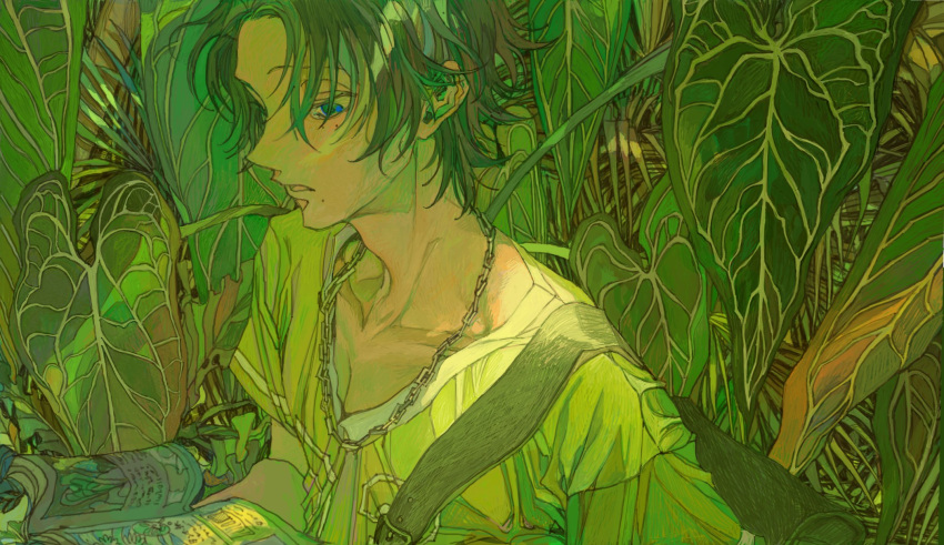 1boy bangs blue_eyes book brown_hair chain_necklace character_request copyright_request green_background green_shirt highres holding holding_book jewelry leaf leaf_background looking_down mole mole_under_mouth n_uu_nn necklace open_mouth plant reading shirt short_hair solo upper_body