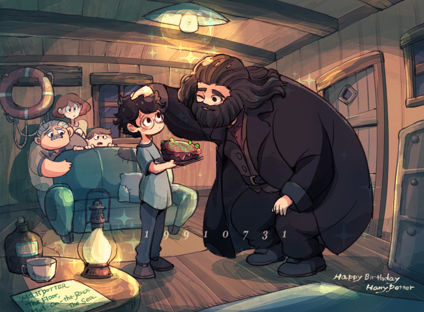 1girl 4boys amazou beard black_hair cake coat couch cousins dudley_dursley facial_hair father_and_son food harry_james_potter harry_potter harry_potter_and_the_philosopher's_stone lantern long_coat long_hair mother_and_son multiple_boys one_eye_closed petting petunia_dursley rubeus_hagrid scar_on_forehead short_hair vernon_dursley