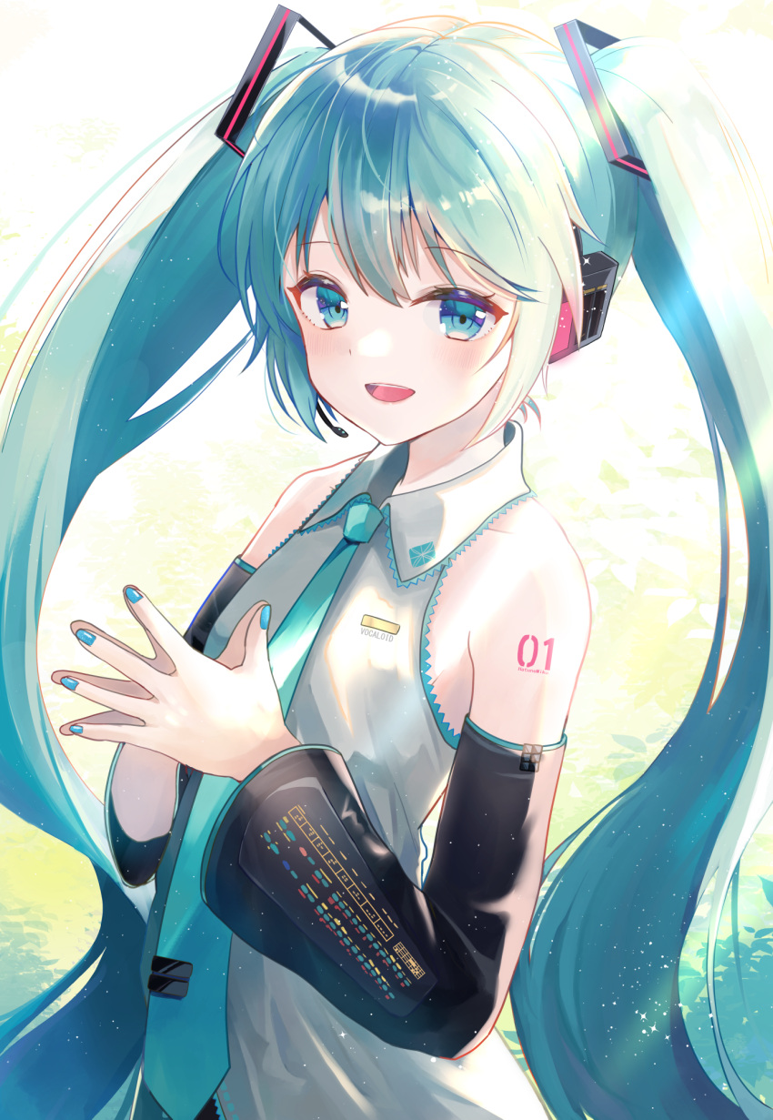 1girl :d azuazu_0405 bangs bare_shoulders blue_eyes blue_hair blue_nails blue_neckwear blush collared_shirt commentary_request day detached_sleeves eyebrows_visible_through_hair fingernails grey_shirt hatsune_miku headset highres long_hair long_sleeves looking_at_viewer nail_polish necktie open_mouth outdoors own_hands_together shirt smile solo sunlight twintails upper_body very_long_hair vocaloid