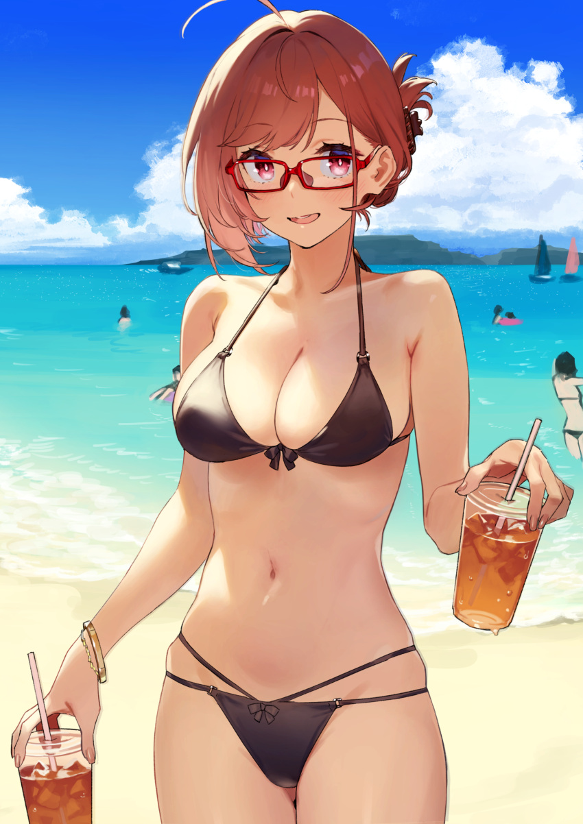 1girl 92m :d absurdres ahoge beach bikini black_bikini blue_sky bracelet breasts clouds commentary cup day drink drinking_straw eyebrows_visible_through_hair folded_ponytail glasses highres holding holding_cup jewelry looking_at_viewer medium_breasts multi-strapped_bikini navel ocean open_mouth original outdoors red-framed_eyewear red_eyes redhead sand short_hair sky smile solo_focus string_bikini swimsuit