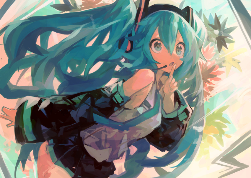 1girl :o absurdres aqua_eyes aqua_hair aqua_neckwear bangs bare_shoulders bent_over black_skirt commentary cowboy_shot detached_sleeves finger_to_mouth foliage grey_shirt hair_between_eyes hair_ornament hand_up hatsune_miku headphones highres index_finger_raised kaamin_(mariarose753) long_hair looking_ahead microskirt necktie neon_trim open_mouth outdoors outstretched_arm pleated_skirt pointing pointing_up shirt sidelocks skirt sleeveless solo twintails very_long_hair vocaloid