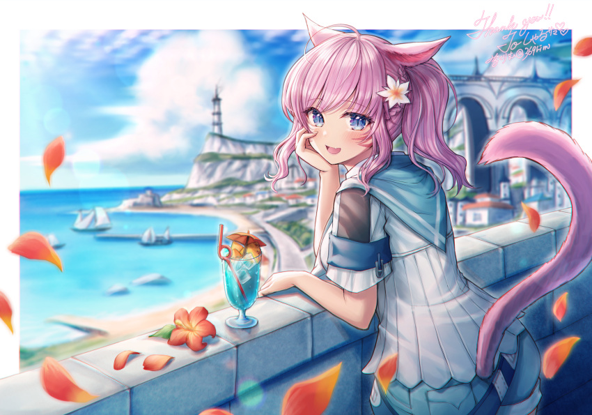 1girl :d animal_ears arm_rest bangs beach blue_eyes blue_shorts blue_sky blush boat breasts bridge cat_ears cat_tail clouds cowlick cup drinking_straw eyebrows_visible_through_hair facial_mark final_fantasy final_fantasy_xiv flower hibiscus highres house lighthouse looking_at_viewer looking_back medium_breasts miqo'te mirukurim ocean open_mouth outdoors petals pleated_shirt pocket ponytail purple_hair red_flower sailor_collar shirt short_sleeves shorts sidelocks sky smile solo sunlight tail thank_you tropical_drink umbrella watercraft white_shirt
