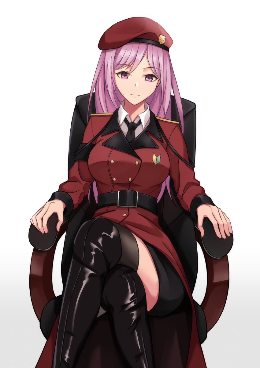 1girl armchair belt beret black_belt black_footwear black_legwear black_neckwear black_skirt boots breasts chair closed_mouth crossed_legs eyebrows_visible_through_hair female_commander_(girls_frontline) girls_frontline hakugin006 hat highres jacket knee_boots long_hair looking_at_viewer medium_breasts necktie pink_eyes pink_hair red_jacket rubber_boots shirt sitting skirt smile solo thigh-highs white_background white_shirt