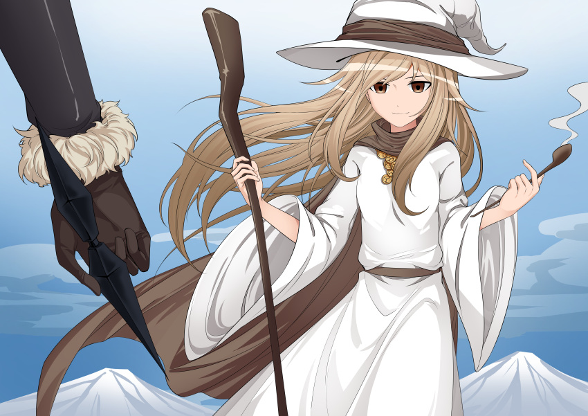 2girls absurdres brown_cape brown_eyes brown_gloves brown_hair cape day fur_trim gloves hat highres holding holding_staff ke_(justanegg) kunai long_hair long_sleeves miracera_master_of_the_magic_institute multiple_girls outdoors pipe pixiv_fantasia pixiv_fantasia_last_saga quintica_chief_of_the_polar_night smoking solo staff standing weapon white_headwear white_robe wide_sleeves