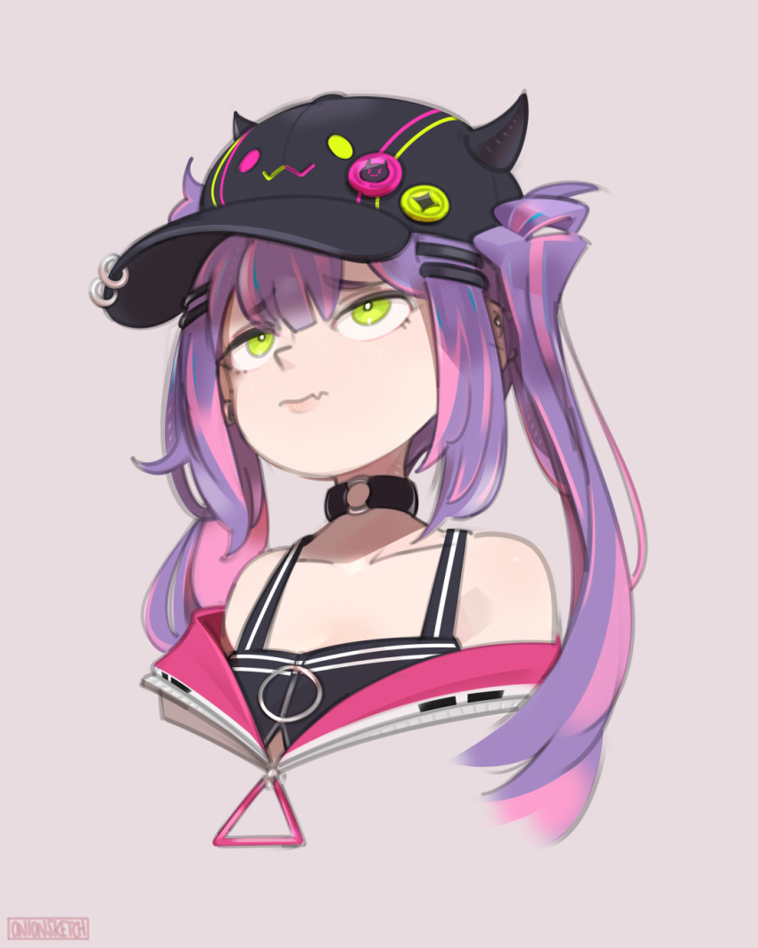 1girl artist_name bangs baseball_cap bibi_(tokoyami_towa) black_camisole black_headwear camisole collarbone_visible_through_hair cropped_torso fang fang_out flat_chest green_eyes hair_ornament hairclip hat highres hololive jacket looking_up off_shoulder onionsketch portrait_(object) purple_hair skin_fang solo tokoyami_towa twintails virtual_youtuber white_jacket