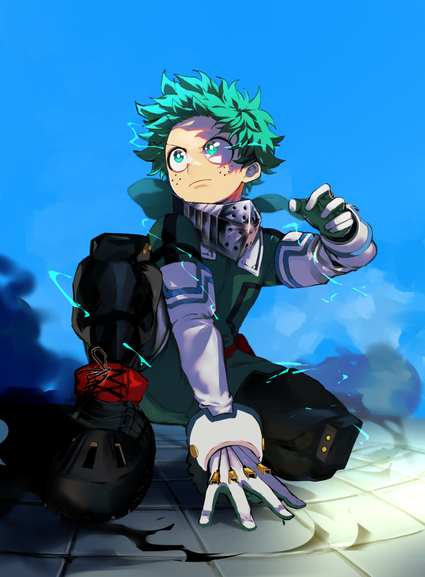 1boy bangs blush bodysuit boku_no_hero_academia commentary day elbow_gloves energy freckles gloves green_bodysuit green_eyes green_hair hand_on_ground hand_up highres looking_to_the_side male_focus mask midoriya_izuku mouth_mask one_knee outdoors serious short_hair sky solo suzumetarou white_gloves