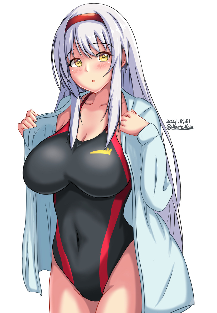1girl black_swimsuit breasts competition_swimsuit covered_navel cowboy_shot dated hairband headband highres jacket kantai_collection large_breasts long_hair montemasa one-hour_drawing_challenge one-piece_swimsuit open_clothes open_jacket red_hairband red_headband shoukaku_(kancolle) simple_background solo swimsuit twitter_username white_background white_hair white_jacket yellow_eyes