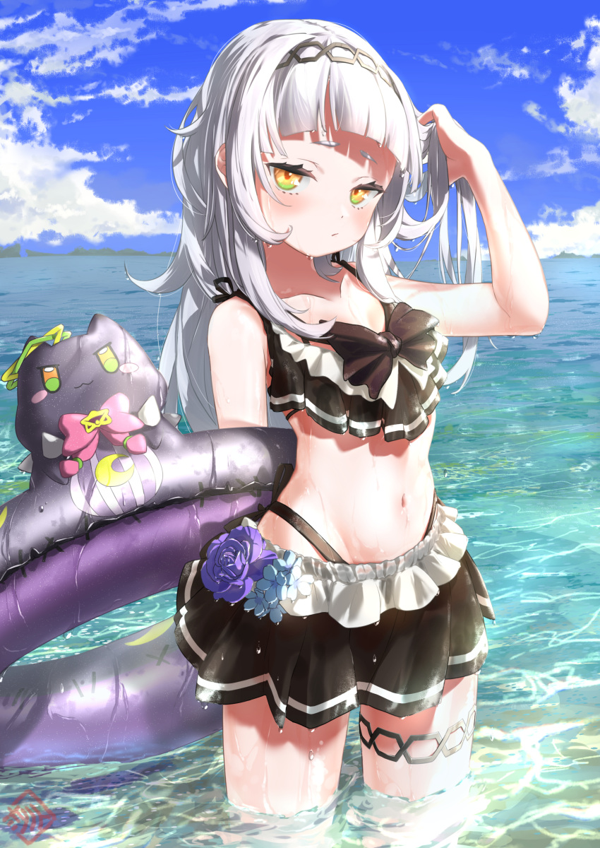1girl absurdres arm_up bangs bare_arms bikini bikini_skirt black_bikini black_bow black_hairband blue_sky blunt_bangs blush bow closed_mouth clouds commentary_request day flower frilled_bikini frills hairband highleg highleg_bikini highres holding holding_hair hololive innertube long_hair looking_at_viewer murasaki_shion navel ocean outdoors purple_flower purple_rose rose shiokko_(murasaki_shion) short_eyebrows silver_hair sky stomach swimsuit thigh_strap virtual_youtuber wading water wet yellow_eyes yorishiro_tsuki