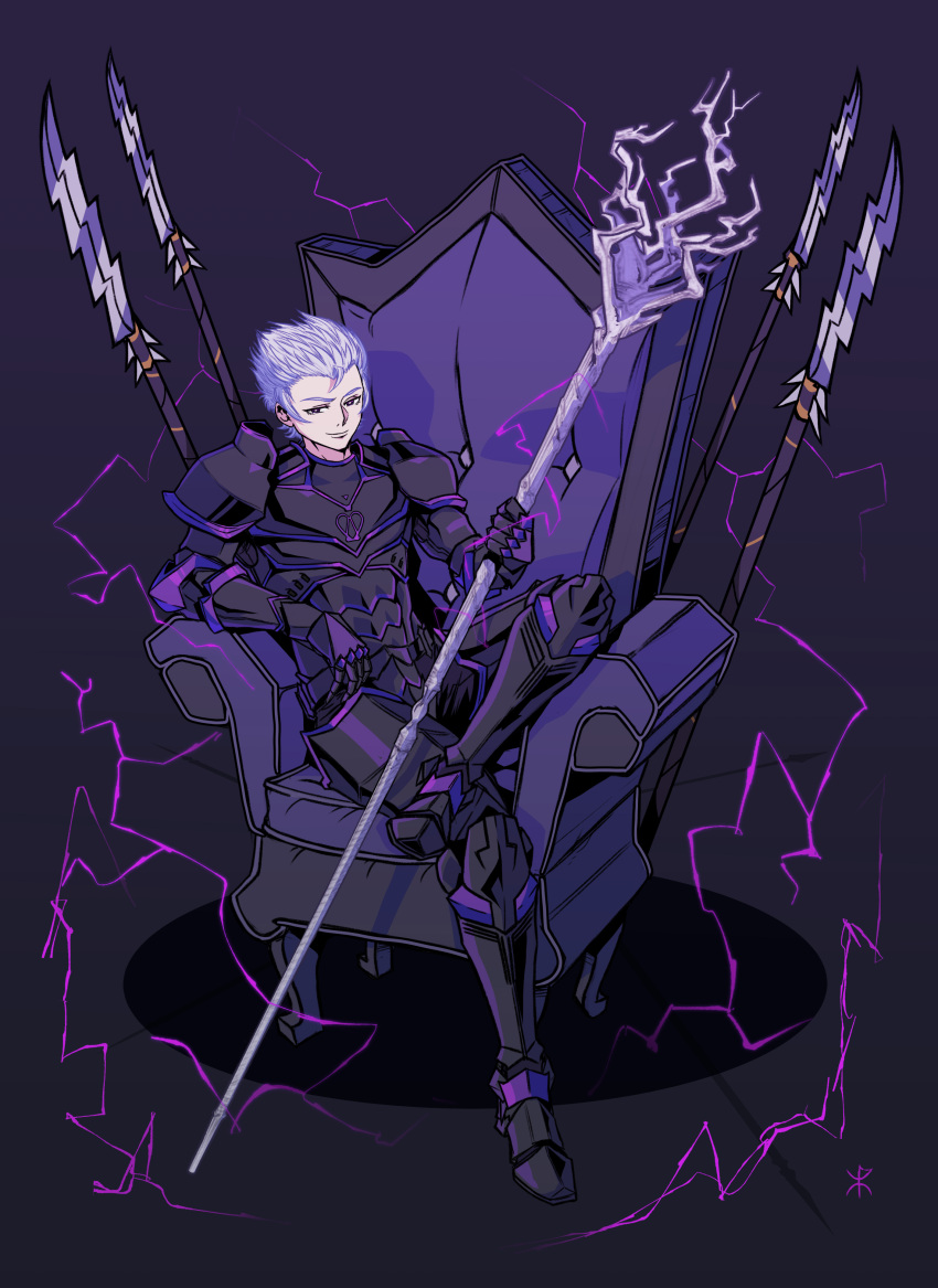 absurdres apoloniodraws armor chair crossed_legs electricity highres original polearm smile spear violet_eyes weapon white_hair