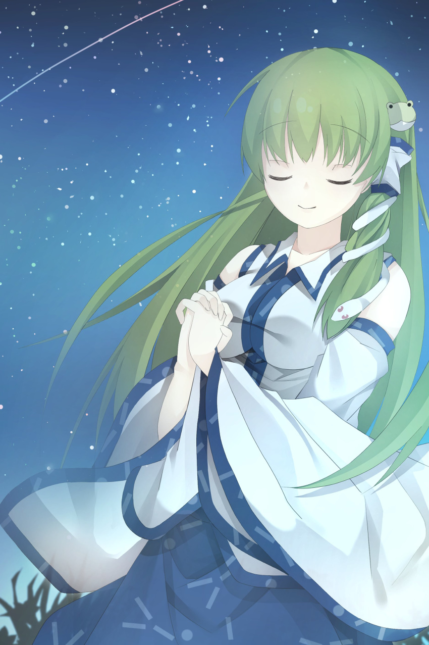 1girl absurdres bangs blue_skirt closed_eyes closed_mouth collared_shirt detached_sleeves falling_star frog_hair_ornament green_hair hair_ornament hair_tubes hands_together herb highres kochiya_sanae long_hair mikan923 night night_sky nontraditional_miko outdoors shirt skirt sky smile snake_hair_ornament solo star_(sky) starry_sky touhou white_shirt wide_sleeves