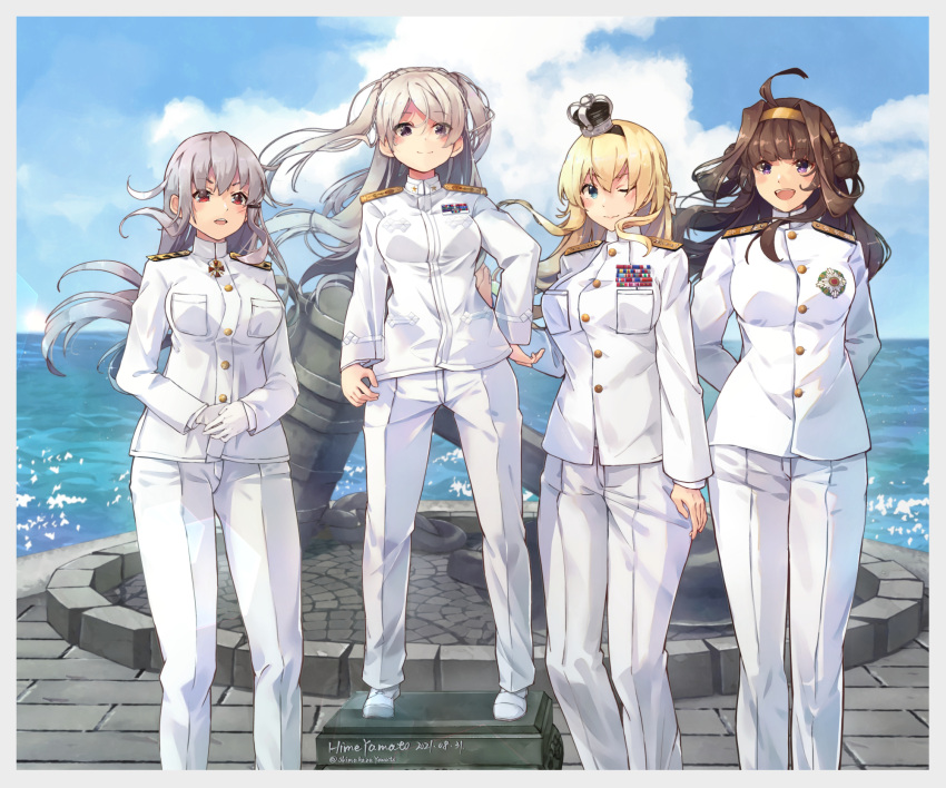 4girls ahoge alternate_costume blonde_hair blue_eyes blue_sky braid brown_eyes brown_hair buttons clouds conte_di_cavour_(kancolle) crown double_bun epaulettes french_braid gangut_(kancolle) grey_hair hairband highres himeyamato kantai_collection kongou_(kancolle) long_hair mini_crown monument multiple_girls ocean one_eye_closed red_eyes ribbon sky twintails violet_eyes warspite_(kancolle) waves white_footwear white_uniform
