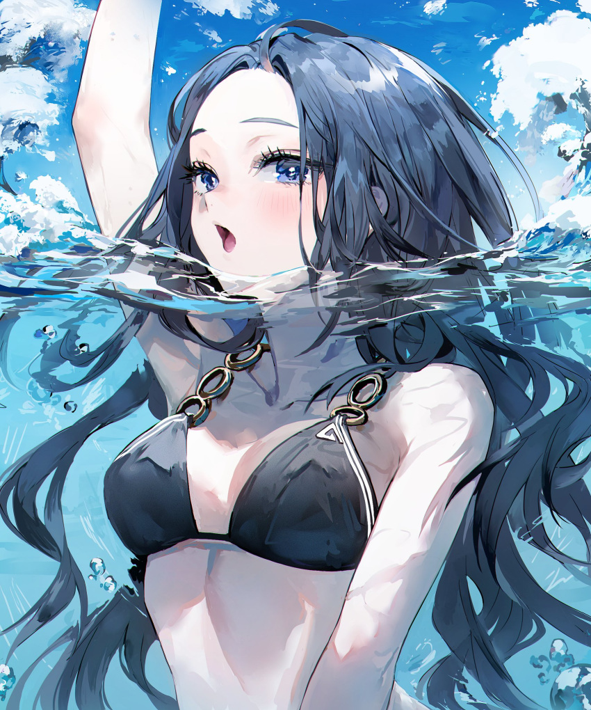 1girl air_bubble arm_up bikini black_bikini blue_eyes blue_hair breasts bubble clouds highres in_water long_hair medium_breasts muaooooo o-ring o-ring_bikini o-ring_top ocean open_mouth original partially_submerged partially_underwater_shot sky solo swimsuit water waves