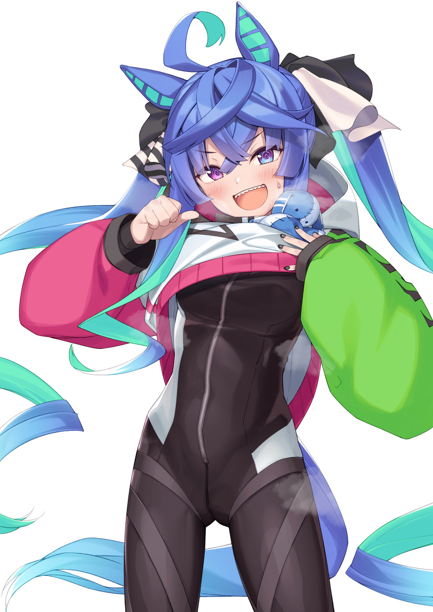 1girl :d @_@ absurdres ahoge animal_ears bangs black_bodysuit black_nails blue_eyes blue_hair blush bodysuit breasts clothes_lift eyebrows_visible_through_hair hair_between_eyes head_tilt heavy_breathing heterochromia highres horse_ears horse_girl horse_tail jacket jacket_lift lifted_by_self long_hair long_sleeves looking_at_viewer multicolored_hair nail_polish open_mouth parutoneru pointing pointing_at_self sharp_teeth shirt_lift simple_background small_breasts smile solo stuffed_animal stuffed_bunny stuffed_toy sweat tail teeth textless twin_turbo_(umamusume) twintails two-tone_hair umamusume upper_teeth v-shaped_eyebrows very_long_hair violet_eyes white_background white_jacket