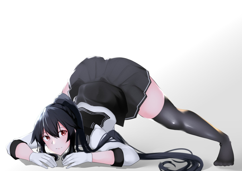 1girl arm_rest black_hair black_sailor_collar black_skirt commentary_request gloves gradient gradient_background hands_on_ground highres jack-o'_challenge kantai_collection long_hair long_sleeves looking_at_viewer meme pleated_skirt ponytail red_eyes remodel_(kantai_collection) sailor_collar sailor_shirt school_uniform serafuku shirt sidelocks skirt solo spread_legs stretch thigh-highs top-down_bottom-up white_background white_gloves wide_spread_legs yahagi_(kancolle) z_(knkr1025)