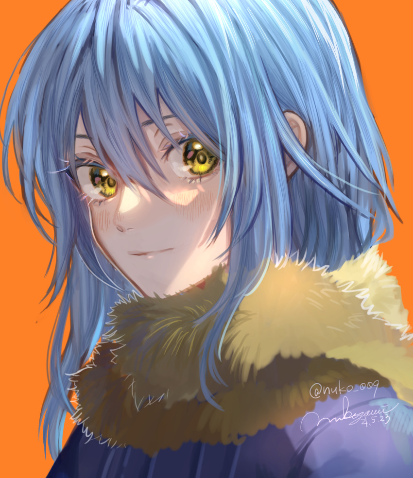 1other blue_coat blue_hair closed_mouth coat hair_between_eyes highres long_hair looking_at_viewer nukogami_(minniecatlove21) orange_background rimuru_tempest scarf shiny shiny_hair simple_background smile straight_hair tensei_shitara_slime_datta_ken yellow_eyes