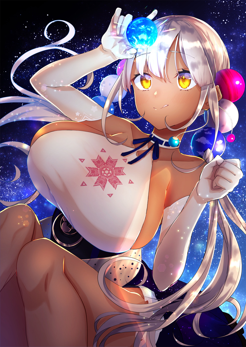 1girl bangs bare_shoulders blonde_hair breasts choker collarbone commentary_request dark-skinned_female dark_skin earth_(planet) elbow_gloves eyebrows_visible_through_hair gloves hair_bobbles hair_ornament highres hololive hololive_english huge_breasts looking_at_object nidaime_(doronbo) planet smile solo tsukumo_sana twintails virtual_youtuber white_gloves yellow_eyes