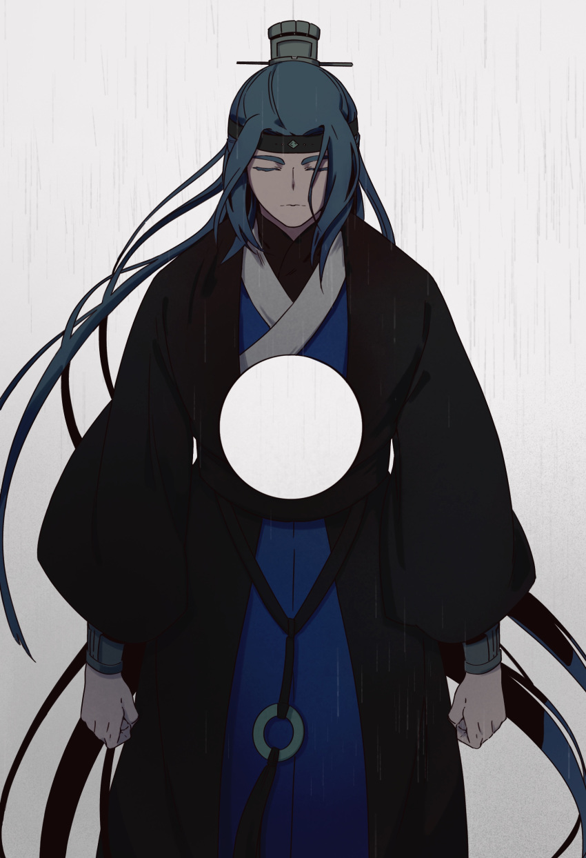 1boy absurdres black_hair blue_robe circle closed_eyes expressionless fermium.ice highres lanxi_zhen long_hair long_sleeves male_focus solo the_legend_of_luo_xiaohei upper_body very_long_hair wuxian_(the_legend_of_luoxiaohei)