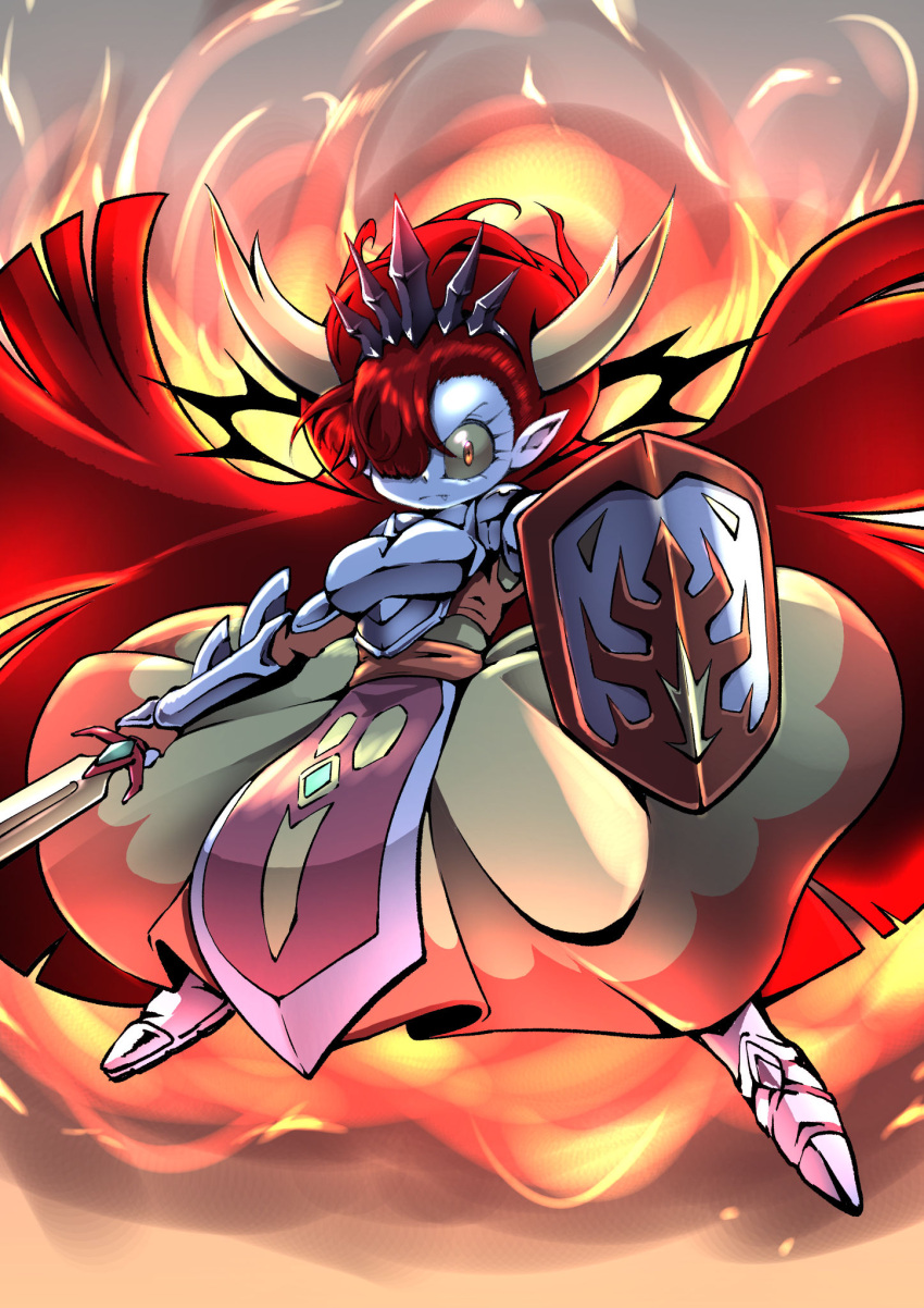 1girl armor armored_boots armored_dress boots breastplate breasts cocco_(cocco1192) colored_sclera colored_skin crown demon_girl demon_horns dress fire flame gauntlets grey_skin hair_over_one_eye hekapoo highres horns large_breasts looking_at_viewer metal pauldrons pointy_ears shield shoulder_armor solo star_vs_the_forces_of_evil sword tabard weapon yellow_dress yellow_sclera