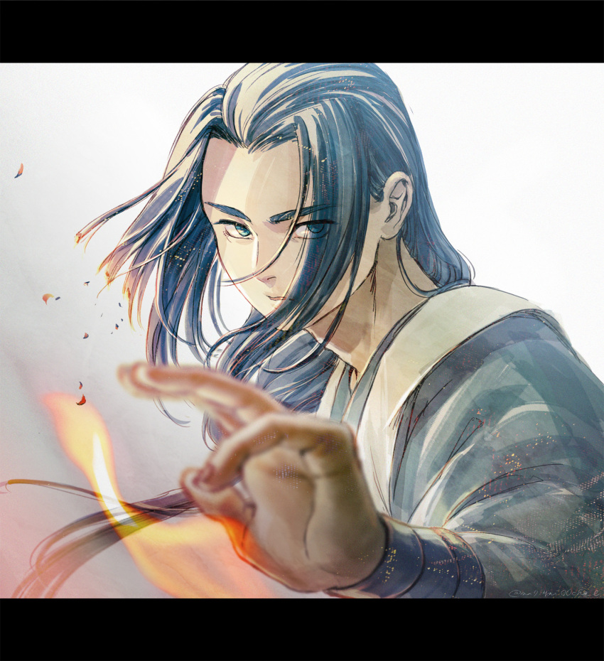 1boy eyebrows_visible_through_hair eyes_visible_through_hair fire hand_up highres long_hair low-tied_long_hair micho simple_background solo sparks the_legend_of_luo_xiaohei white_background wuxian_(the_legend_of_luoxiaohei)