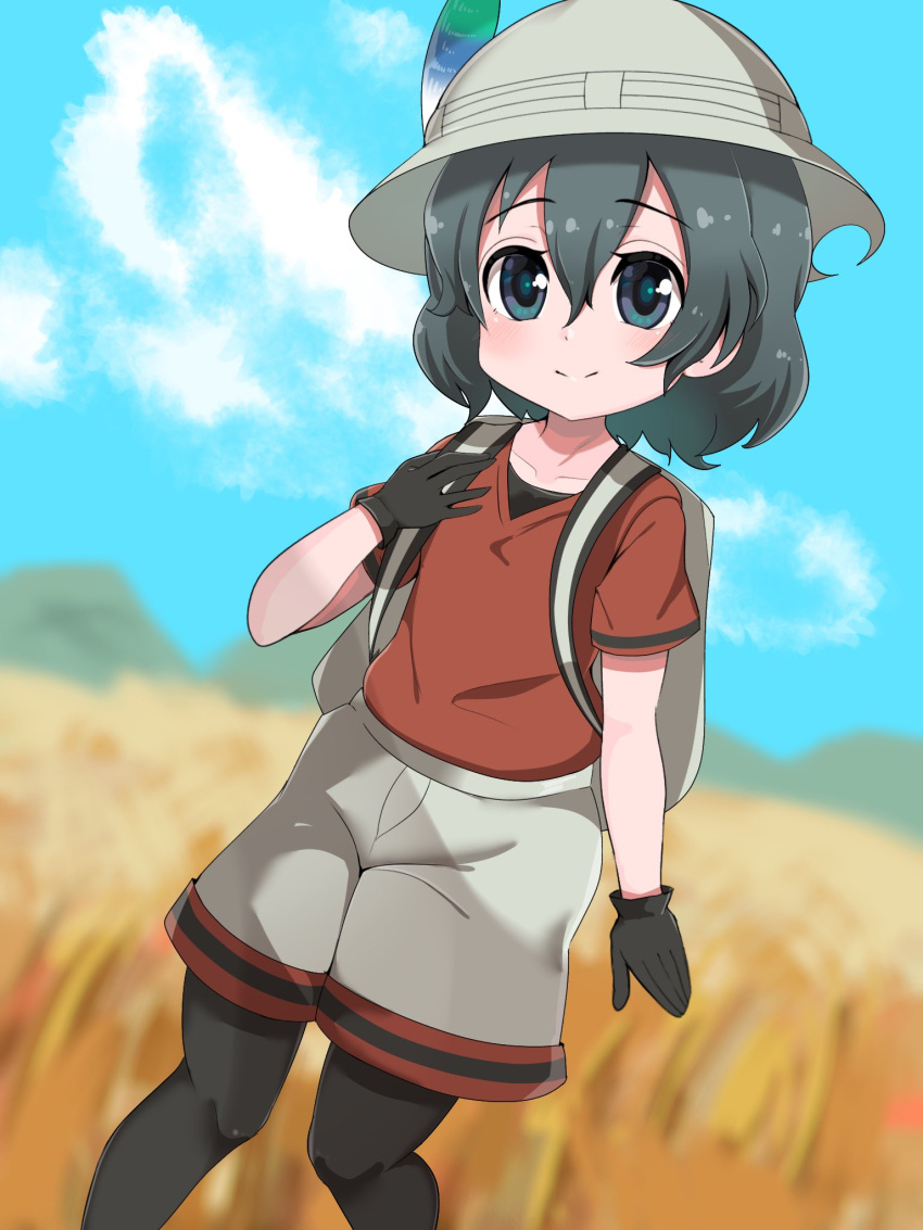 1girl aramaru backpack bag bangs black_eyes black_gloves black_hair black_legwear blue_sky blurry blurry_background closed_mouth clouds cloudy_sky depth_of_field dutch_angle eyebrows_visible_through_hair gloves grey_headwear grey_shorts hat_feather helmet highres kaban_(kemono_friends) kemono_friends legwear_under_shorts outdoors pantyhose pith_helmet red_shirt shirt short_hair short_sleeves shorts sky smile solo standing