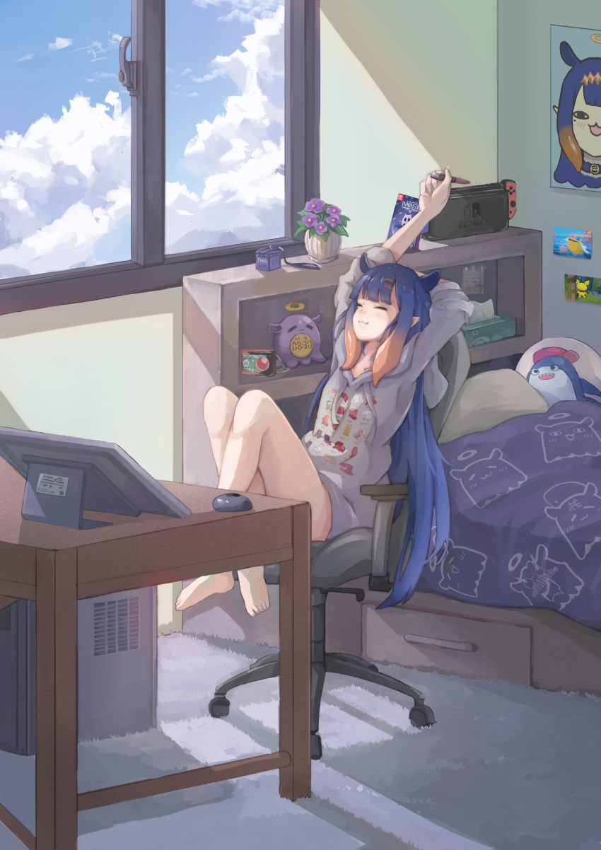 1girl absurdres bangs bed bedroom bloop_(gawr_gura) box chair clouds computer drawing_tablet flower flowerpot gen_2_pokemon highres hollow_knight hololive hololive_english hood hoodie long_hair multicolored_hair ninomae_ina'nis nintendo_switch office_chair pichu plant pointy_ears pokemon portrait_(object) potted_plant pugo purple_flower purple_hair sky stretch tako_(ninomae_ina'nis) tissue_box virtual_youtuber window