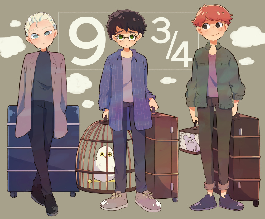 3boys amazou bird black_hair blonde_hair blue_eyes cage draco_malfoy glasses green_eyes harry_james_potter harry_potter harry_potter_and_the_philosopher's_stone hedwig highres holding holding_suitcase jacket luggage multiple_boys orange_hair owl rat rolling_suitcase ron_weasley scabbers scar_on_forehead short_hair smile suitcase turtleneck