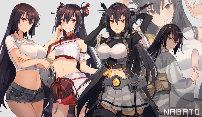 1girl absurdres black_hair black_shorts blush breasts brown_eyes character_name closed_mouth collarbone cosplay cowboy_shot double_bun eyebrows_visible_through_hair food grey_background hair_between_eyes hand_fan highres holding holding_fan holding_food ice_cream japanese_clothes kantai_collection kasumi_(skchkko) kimono large_breasts long_hair long_sleeves looking_at_viewer machinery multiple_views nagato_(kancolle) navel obi paper_fan parted_lips red_eyes rigging sash shirt short_shorts short_sleeves shorts simple_background skirt sleeveless sleeveless_shirt smile standing tan_yang_(kancolle) tan_yang_(kancolle)_(cosplay) teeth thigh-highs turret uchiwa very_long_hair white_shirt white_skirt wide_sleeves yukata yukikaze_(kancolle)