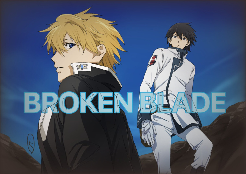 2boys black_hair blonde_hair blue_eyes blue_sky break_blade closed_mouth gloves jacket kobayashi_chizuru looking_at_viewer multiple_boys rygart_arrow sky zess