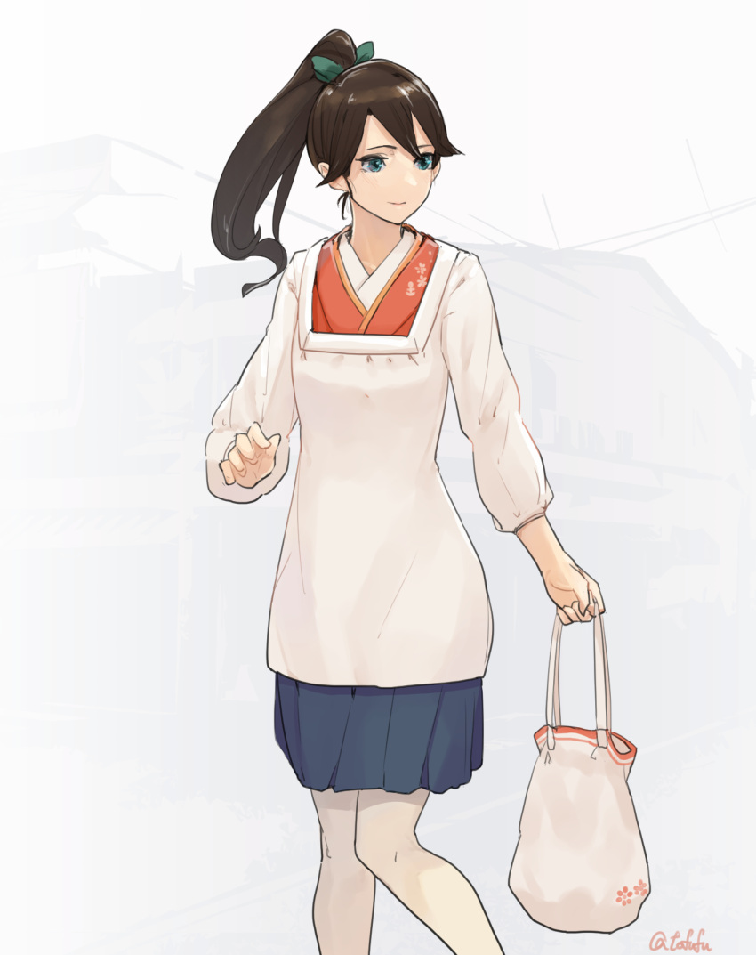 1girl bag black_hair black_hakama feet_out_of_frame fuwafuwatoufu hakama hakama_short_skirt hakama_skirt highres houshou_(kancolle) japanese_clothes kantai_collection kappougi kimono long_hair looking_to_the_side one-hour_drawing_challenge orange_kimono pantyhose plastic_bag ponytail simple_background skirt solo white_background white_legwear