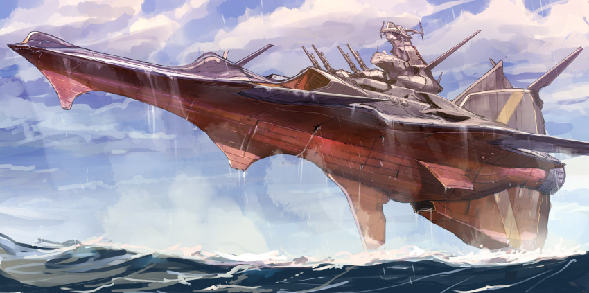 absurdres akasaai cannon clouds dripping flying fushigi_no_umi_no_nadia highres nautilus_(nadia) no_humans ocean submarine water watercraft