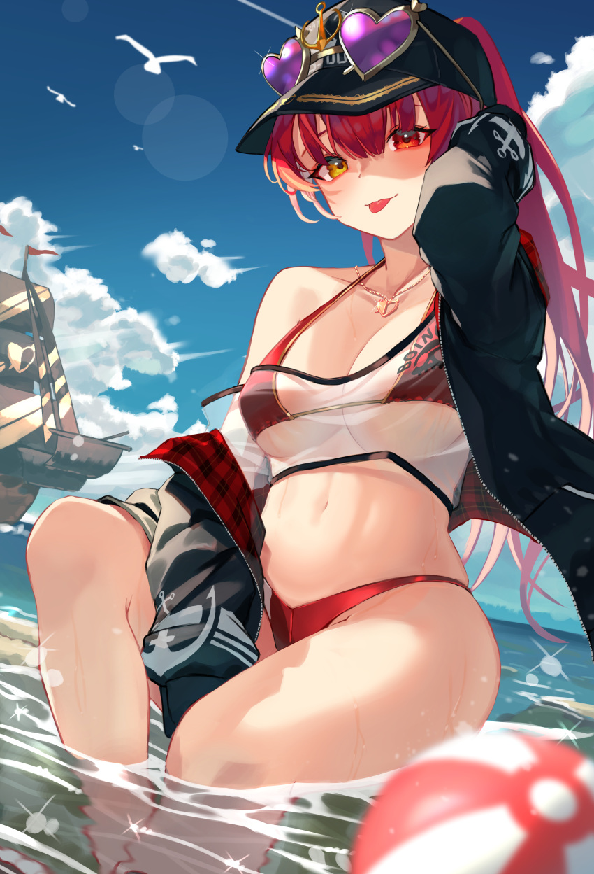 1girl absurdres anchor_print anchor_symbol ball bangs baseball_cap bikini bikini_under_clothes bird black_headwear black_jacket blue_sky blurry blush breasts clouds commentary_request crop_top day depth_of_field eyewear_on_headwear hand_up hat heart heart-shaped_eyewear heart_necklace heterochromia highres hololive houshou_marine jacket lens_flare long_hair looking_at_viewer medium_breasts navel ocean off_shoulder official_alternate_costume pirate_ship ponytail red_bikini red_eyes redhead roco_(rocoroco1115) see-through_shirt sitting skindentation sky soaking_feet solo strap_gap sunglasses swimsuit tongue tongue_out virtual_youtuber water yellow_eyes
