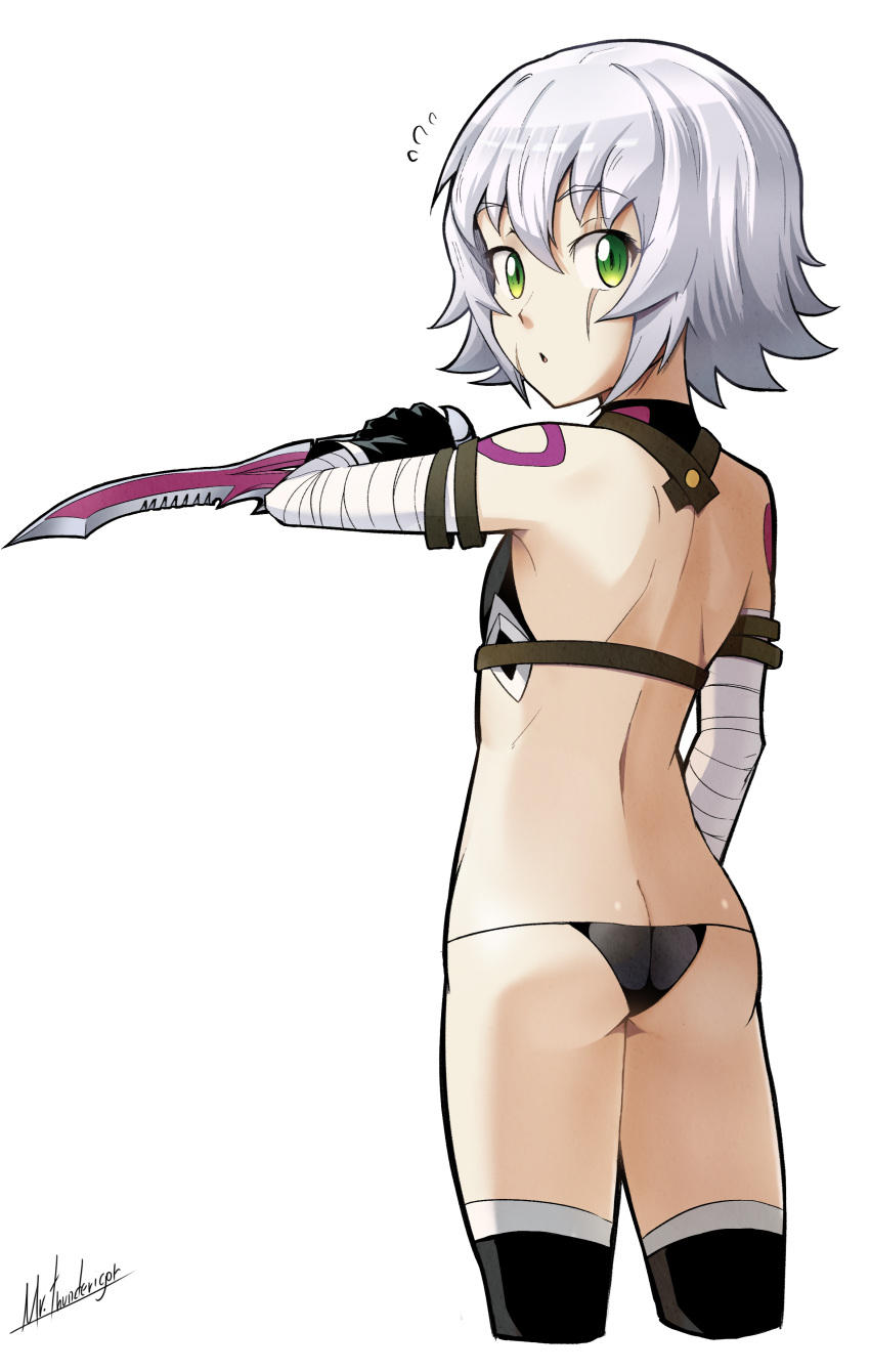 1girl absurdres ass bare_shoulders black_legwear black_panties breasts butt_crack fate/apocrypha fate_(series) from_behind green_eyes grey_hair highres jack_the_ripper_(fate/apocrypha) looking_at_viewer looking_back mr.thunderigor panties scar scar_across_eye signature simple_background small_breasts solo standing thigh-highs underwear white_background