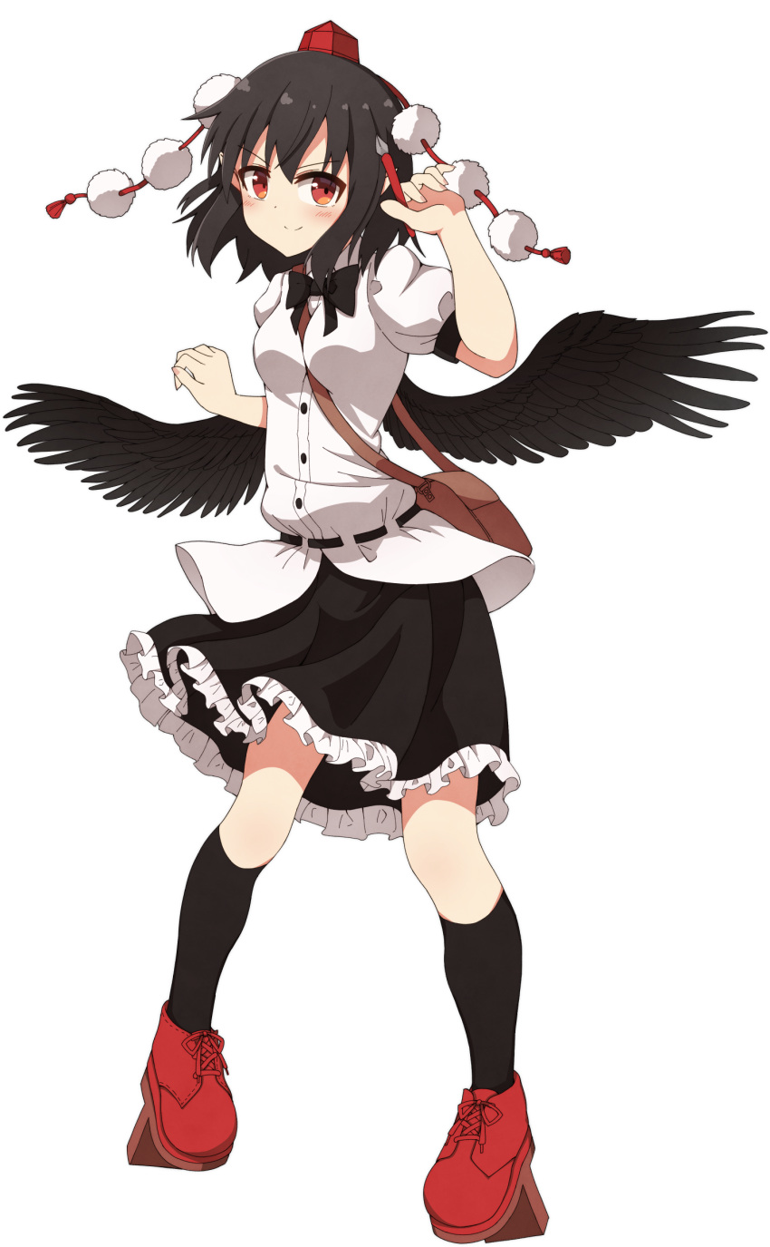 1girl absurdres belt between_breasts bird_wings black_hair black_legwear black_skirt black_wings blush breasts buttons calligraphy_brush closed_mouth collared_shirt eyebrows_visible_through_hair frilled_skirt frills full_body geta hat highres paintbrush pointy_ears pom_pom_(clothes) red_eyes red_footwear shameimaru_aya shirt simple_background skirt smile standing strap_between_breasts tengu tengu-geta tksand tokin_hat touhou white_background white_shirt wings