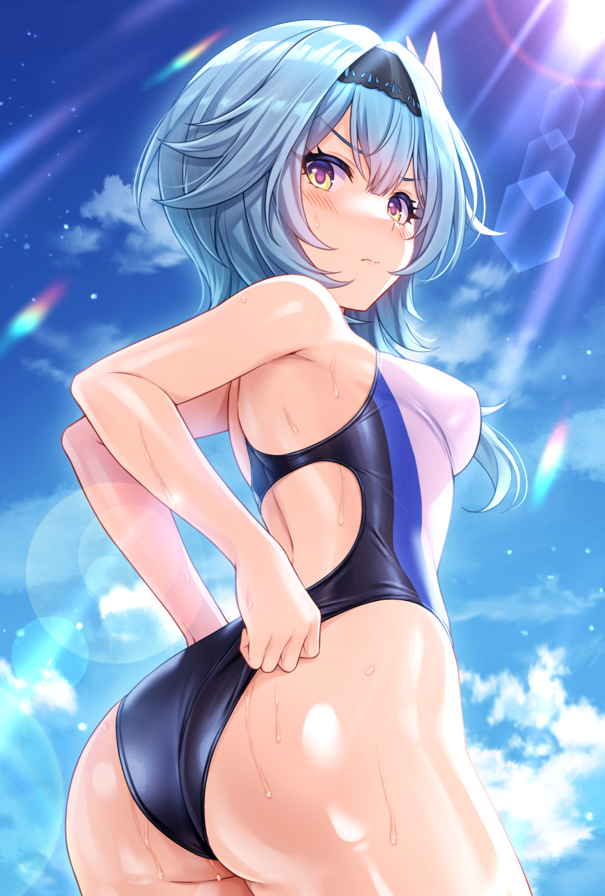 1girl ass back_cutout bangs black_hairband blue_hair blue_sky blush breasts clothing_cutout day eula_(genshin_impact) genshin_impact hair_ornament hairband highres large_breasts looking_at_viewer looking_back medium_hair one-piece_swimsuit outdoors sidelocks sky swimsuit thighs tomo_(tmtm_mf_mf) violet_eyes
