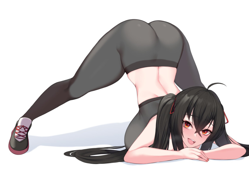 1girl ahoge arched_back ass azur_lane bangs bare_arms black_footwear black_hair black_pants black_sports_bra breast_press breasts commentary crossed_bangs flexible hair_between_eyes hair_ribbon heavy_breathing highres jack-o'_challenge kuavera long_hair looking_at_viewer nail_polish open_mouth pants pink_nails red_ribbon ribbon shadow shoes simple_background smile sneakers solo sports_bra spread_legs sweat taihou_(azur_lane) thick_thighs thighs tongue top-down_bottom-up twintails upper_teeth white_background yoga_pants