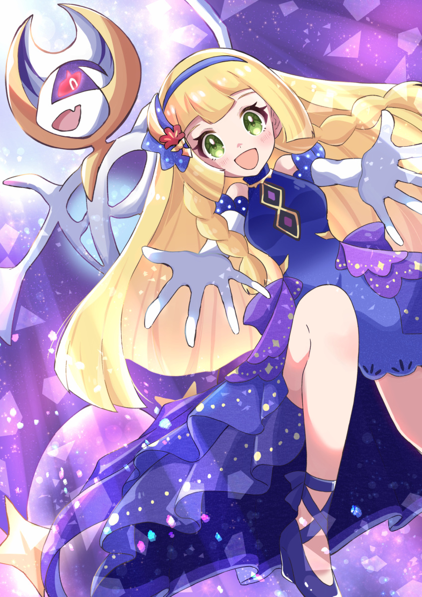 1girl :d blonde_hair blue_dress blush braid commentary_request dress elbow_gloves eyelashes gen_7_pokemon gloves green_eyes hairband haru_(haruxxe) highres leg_up legendary_pokemon lillie_(pokemon) long_hair looking_at_viewer lunala official_alternate_costume open_mouth outstretched_hand pokemon pokemon_(creature) pokemon_(game) pokemon_masters_ex purple_footwear shoes sleeveless sleeveless_dress smile spread_fingers twin_braids white_gloves