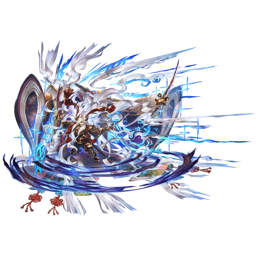 1boy absurdly_long_hair armor cape draph eahta_(granblue_fantasy) facepaint full_body gloves granblue_fantasy headband horns katana long_hair long_sleeves makeup male_focus official_art open_mouth outstretched_arms prehensile_hair sandals sheath slashing solo sparkle sword transparent_background very_long_hair water waves weapon