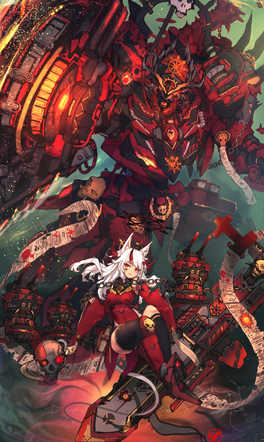 1girl absurdres animal_ear_fluff animal_ears black_gloves boots breasts chain fox_ears fox_girl gloves glowing glowing_eyes highres holding holding_sword holding_weapon horns long_hair looking_at_viewer mecha medium_breasts orange_eyes red_footwear science_fiction sitting skull sword syaha thigh-highs turret warhammer_40k weapon white_hair wide_sleeves